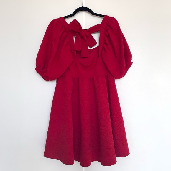 Free People | Red textured puff sleeve bow open back square neck mini dress | S - Picture 3 of 5